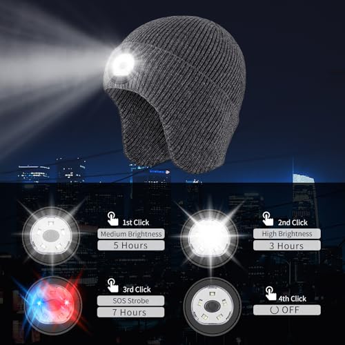 LED Beanie Hat with Light, USB Rechargeable LED Headlamp Hat, Unisex Winter Hat Warm Knitted Earflap Beanie with Night Flashlight (Dark Grey) - color: Grey Adult