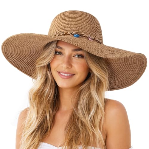 Women's Straw Sun Hat UPF80 UV Protection Foldable Wide Brim Summer Hat Sweatband Adjustable Floppy Beach Hats for Women - color: Khaki- Shell