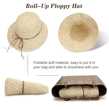 Women Wide Brim Sun Hat UPF50 Straw Summer Hat Floppy Beach Hat Roll-Up - color: Straw Hat Beige