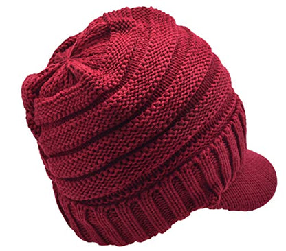 C.C Trendy Warm Oversized Chunky Soft Oversized Ribbed Slouchy Knit Hat with Visor Brim - color: Burgundy