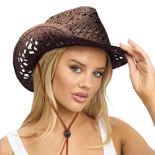 DRESHOW Straw Cowboy Cowgirl Hat for Women Men Western Coastal Cowboy Beach Hat with Shapeable Brim Unisex Rolled up Caps - color: 1 Pc Straw Woven Hollowed-out: Deep Coffee