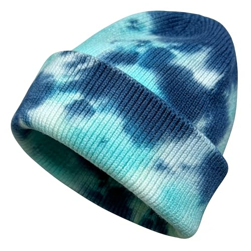 Beanie for Women Men Unisex Tie Dye Cuffed Knit Skull Cap Colorful Gradient Winter Hat Soft Slouchy Warm Less Static - color: Blue