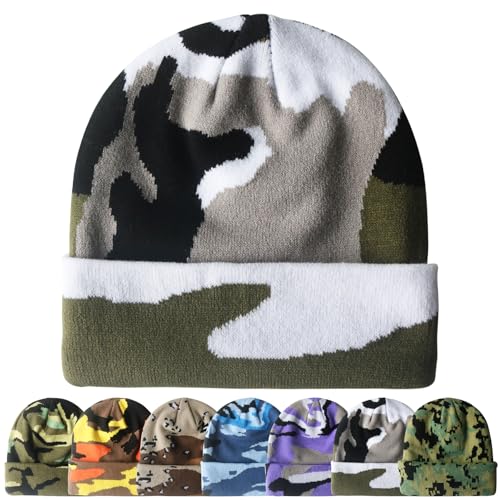 PFFY Beanie for Men Women Unisex Knit Cuffed Winter Beanies Hats Skull Cap - color: Camo Grey