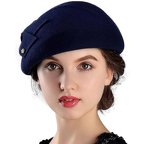 Women Vintage Bowknot Berets with Beading Autumn Winter French Artist Hat Painter Hats Female Bowler Hat Warm Cap - color: Navy