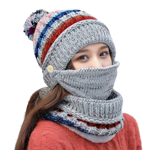 Ypser Women's Winter Warm Knitted Crochet Hat Fleece Lined Cable Faux Fur Pom Pom Beanie Hat Skull Cap - color: Grey 3 Pcs Set (Hat & Scarf & Face Mask)