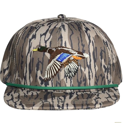 EDTREK Performance Outdoorsman Snapback Truck Hat with Flat Brim - Unique Animal Embroidery - color: Flying Duck With Rope-bottomland Camo