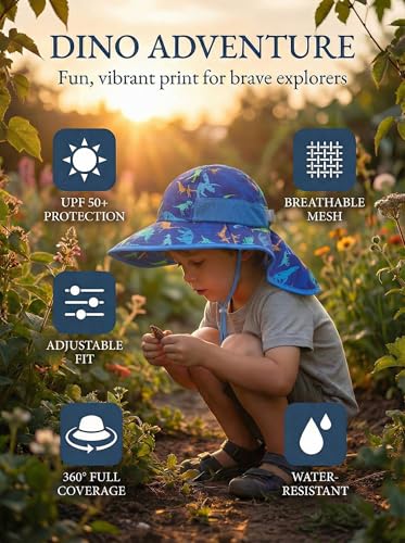 icolor Kids Sun Hat UPF50+ Sun Protection Bucket Hat Toddler Summer Beach Play Hats with Neck Flap for Girl Boy Ages 3~10 - color: Littledinosaur