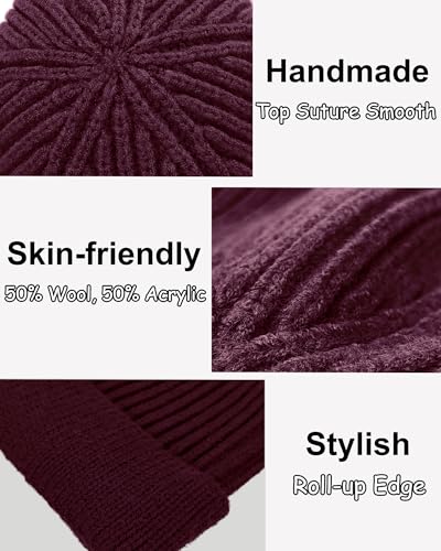 vidsel Thin Wool Fisherman Beanie for Men Short Knit Cuff Trawler Watch Hat - color: 1pcs-wine Red
