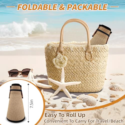 Sun Hats for Women Wide Brim Straw Sun Visors Ponytail Hat - color: Khaki With Black