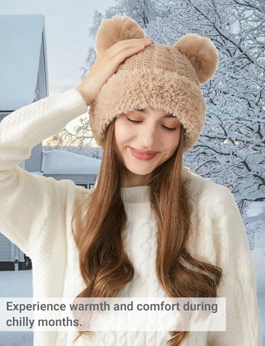 FEOYA Womens Knit Winter Beanie Hat with Faux Fur Pompom Fuzzy Cute Knit Fleece Lined Skull Cap - color: Khaki