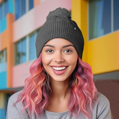 DALIX Cable Knit Pom Beanie Soft Stretch Skully Warm Fuzzy Faux Sherpa Winter Ski Beanie - color: Charcoal Gray
