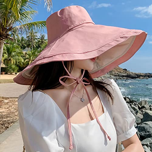 HUAMULAN Women Summer Vacation Wide Brim Sun Hat Reversible Fishing Hats - color: Pinkbeige