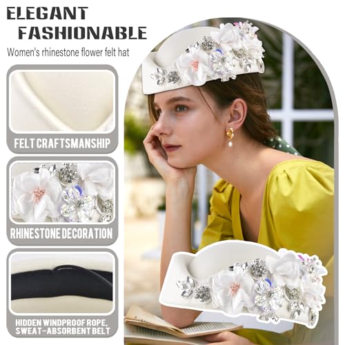 Women's Retro Stewardess Felt Hat, British Berets, Rhinestone Flower Decor, Ladies' Church Derby Hat - color: White