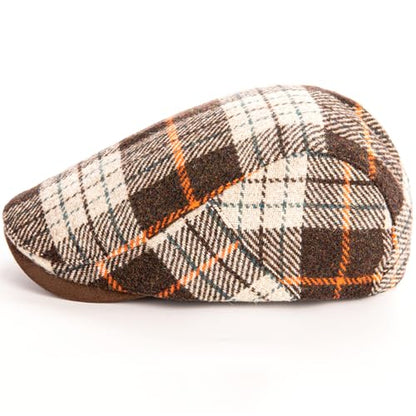 Men Wool Blend Flat-Top Tweed Newsboy Hat/Ivy Cap/Adjustable Plaid Driver's Hat - color: Coffee