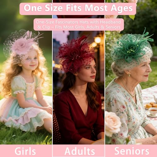 Fascinators Hats for Women – Tea Party & Kentucky Derby Hats with Headband & Clip, Elegant Church Wedding Headpiece - color: Pink