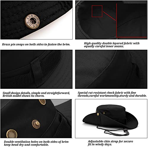 Sun Hats for Men Women, Fishing Hat UV Protection Wide Brim Bucket Hats Foldable Boonie Hat for Hiking Camping Safari - color: Black