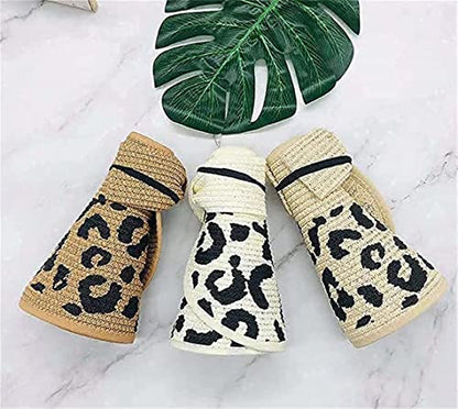 Women Sun Visors Wide Brim Foldable Packable Ponytail Beach Hat Straw Leopard Roll Up Bow Visor Sun Hats - color: Beige