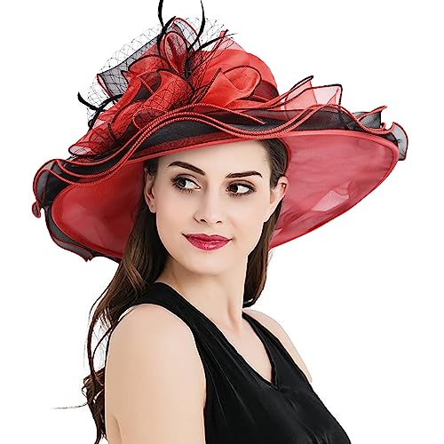 2026 Kentucky Derby Hat for Women Ladies, Organza Veil Feather Fascinator for Tea Party Church UV Protection Sun Hat - color: Red+black