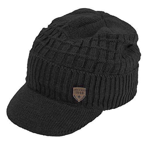 Original One Winter Wool Knitted Chunky Visor Beanie Hat with Brim Fur Lined Peaked Ski Cap - color: Black