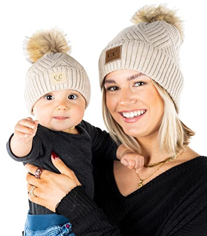 Funky Junque Mommy & Me Pom Pom Beanies Set – Infant Baby & Mom Matching Winter Outfits, Warm Newborn & Women's Beanie Hats - color: Diagonal Basketweave - Beige