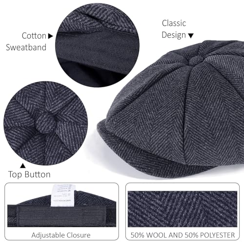 Mens Newsboy Cap High Woolen Tweed Gatsby Hat Ivy Cabbie Flat Golf Cap for Fathers Women Unisex - color: Herringbone Grey 1, size: 7-7 1/8