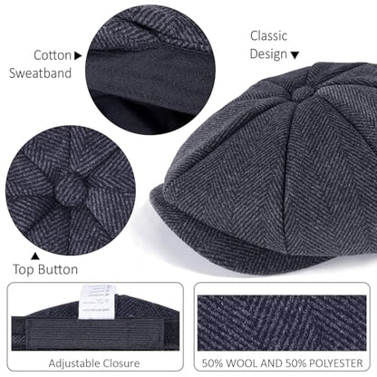 Mens Newsboy Cap High Woolen Tweed Gatsby Hat Ivy Cabbie Flat Golf Cap for Fathers Women Unisex - color: Herringbone Grey 1, size: 7-7 1/8