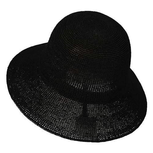Womens Sun Hat Handmade Foldable Straw Bucket Hat Summer Crochet Travel Cap - color: Black, size: Small