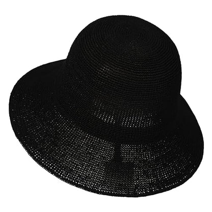 Womens Sun Hat Handmade Foldable Straw Bucket Hat Summer Crochet Travel Cap - color: Black, size: Small