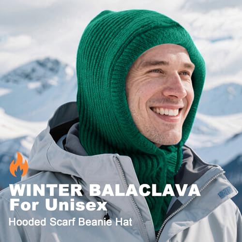 Stilldawn Hooded Scarf Beanie for Women&Men,Balaclava Winter Hat,Knit Skull Cap Neck Gaiter,Warm Premium Polyester Scarf Hat - color: Green
