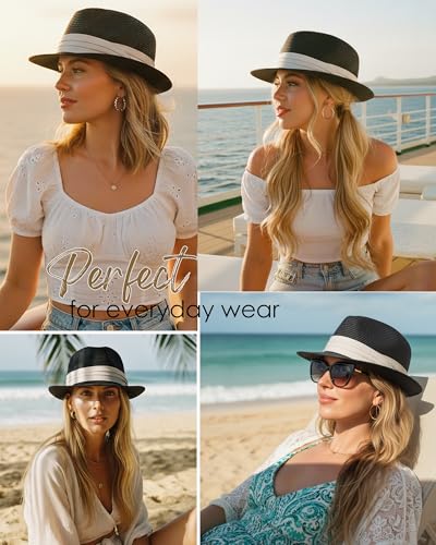 Straw Sun Hat for Men Women Short Brim Beach Trilby Hat UPF 50+ - color: Black