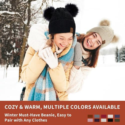 FISFET Beanies Women with Double Pom Pom, Winter Hats for Women Cold Weather Warm Knit Fleece Lined, Cute Beanie Cap - color: Navy