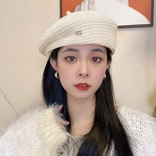 Women Summer Straw Woven Sunhat Classic Beret Artist Painter Sun Hat Cap - color: B Beige White