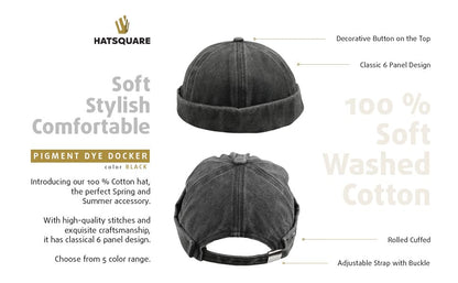 Washed Cotton Docker Cap, Unisex Brimless, Rolled Cuffed Men Skull Beanie, Harbour Pigment Dyed Hat