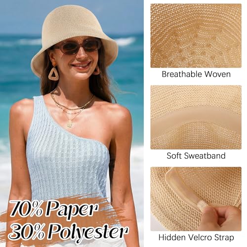 Babalet Summer Straw Beach Sun Hats for Women Packable Floppy Bucket Hat - color: Beige
