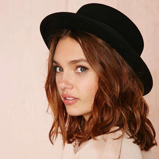Classic Fedora Flat Top Hat Pork Pie Hat Felt Boater Church Derby Cap for Men/Women - color: Black