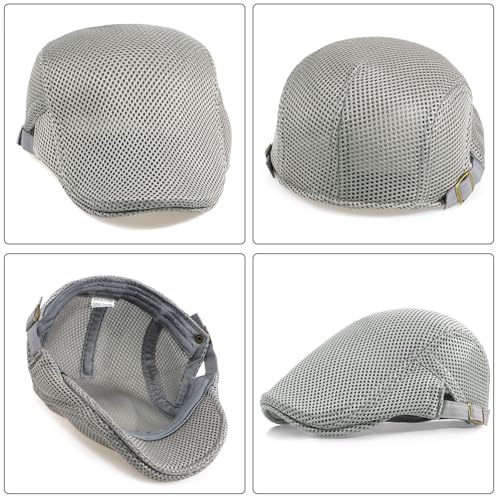 Xinveen Men's Mesh Cap Breathable Summer Newsboy Hat Adjustable Beret Ivy Cap Irish Cabbie Driving Hunting Hats - color: Light Gray