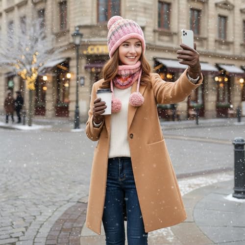 HUAMULAN Women Winter Knit Beanie Hat Circle Scarf Set Pompoms Ear Flaps - color: Pink