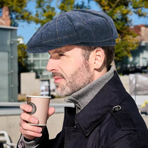 Mens Newsboy Cap High Woolen Tweed Gatsby Hat Ivy Cabbie Flat Golf Cap for Fathers Women Unisex - color: Herringbone Golden Plaid, size: 7 1/8-7 1/4