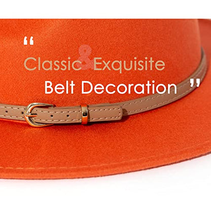 Lisianthus Women Classic Felt Fedora Wide Brim Hat with Belt Buckle - color: Carroty