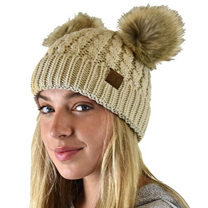 C.C 2 Ear Pom Pom Cable Knit Soft Stretch Cuff Skully Beanie Hat - color: Faux Fur Beige