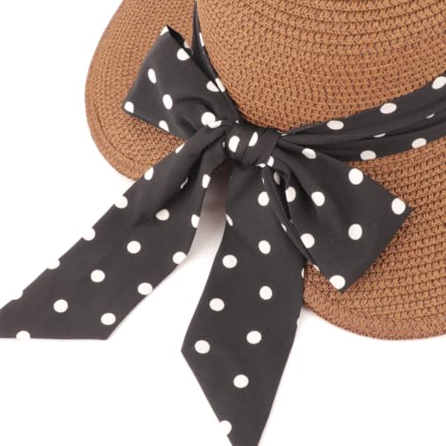 DRESHOW Sun Hats for Women Travel Fedora Foldable Beach Sun Hat Summer Wide Brim Straw Bucket Hat with Bowknot UPF 50+ - color: 1 Pack Bowknot Straw Hat: Coffee (Black Polka Dot Band)