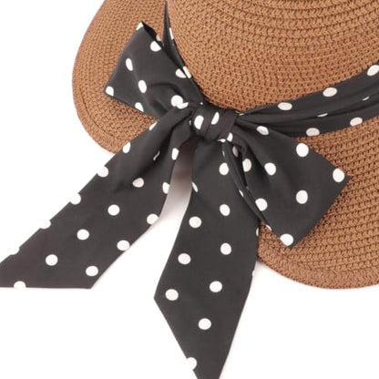 DRESHOW Sun Hats for Women Travel Fedora Foldable Beach Sun Hat Summer Wide Brim Straw Bucket Hat with Bowknot UPF 50+ - color: 1 Pack Bowknot Straw Hat: Coffee (Black Polka Dot Band)