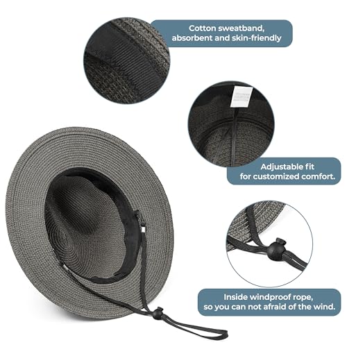 Sun Hat Straw Fedora Hats for Men Women Beach Hat Panama Hat Men Wide Brim Summer Hats UPF80+ - color: Grey, size: Large