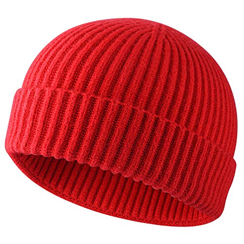 ROYBENS Swag Wool Knit Cuff Short Fisherman Beanie for Men Women Winter Hat - color: 1red