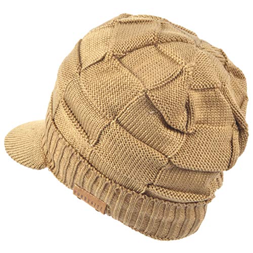 Ruphedy Mens Beanie with Brim Winter Hat Knitted Thick Fleece Visor Beanie - color: B322-khaki