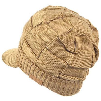 Ruphedy Mens Beanie with Brim Winter Hat Knitted Thick Fleece Visor Beanie - color: B322-khaki