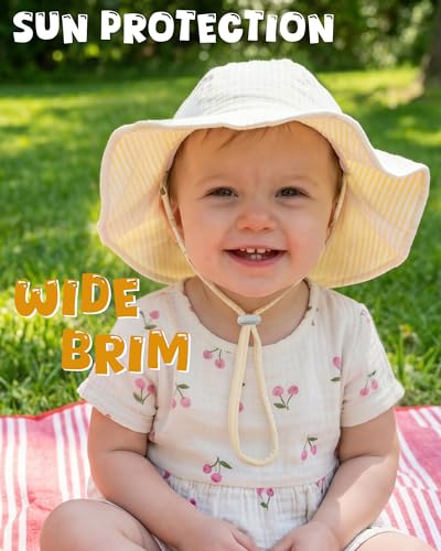 HONGTEYA Baby Sun Hat Muslin Wide Brim Toddler Girl Beach Bucket Hat - color: Yellow/Stripe, size: 0-6 Months