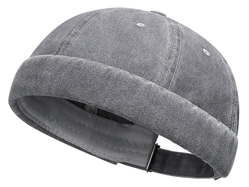 DIYDECAL Vintage Washed Cotton Sailor Docker Cap for Men, Brimless Skull Cap with Classic Retro Style - color: Grey