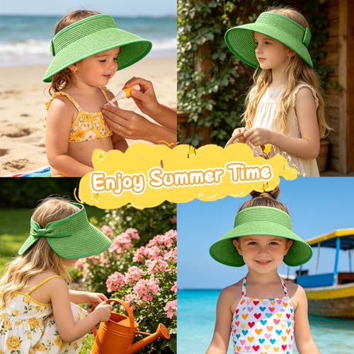 Girls Sun Visor Hat with Ponytail Hole Wide Brim Beach Straw Visor UPF 50+ - color: 1pack-grass Green