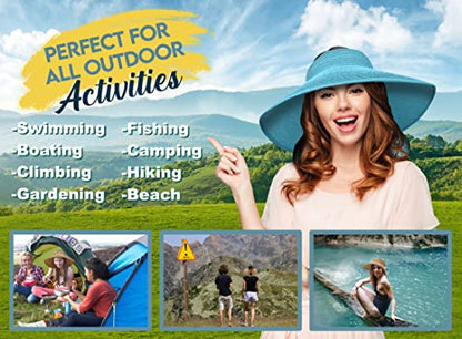 Straw Sun Visor for Women, Wide Brim UPF 50+ Protection Beach Hat, Adjustable, Roll Up Foldable Ponytail Cap with Chin Strap - color: Light Blue